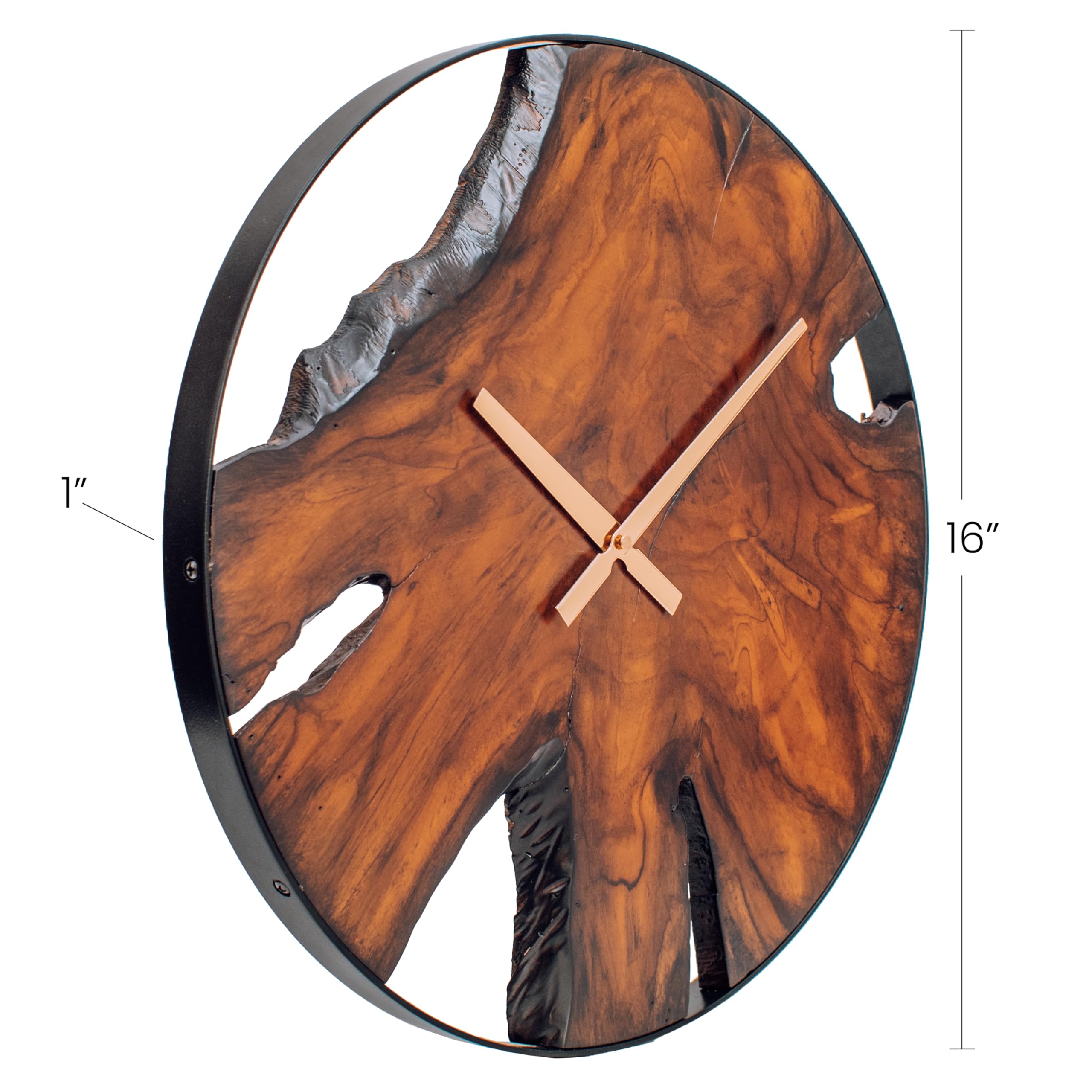 Rustic Wood Wall Clock - Unique Modern Live Edge Teak Dial with Large Black Metal Frame,