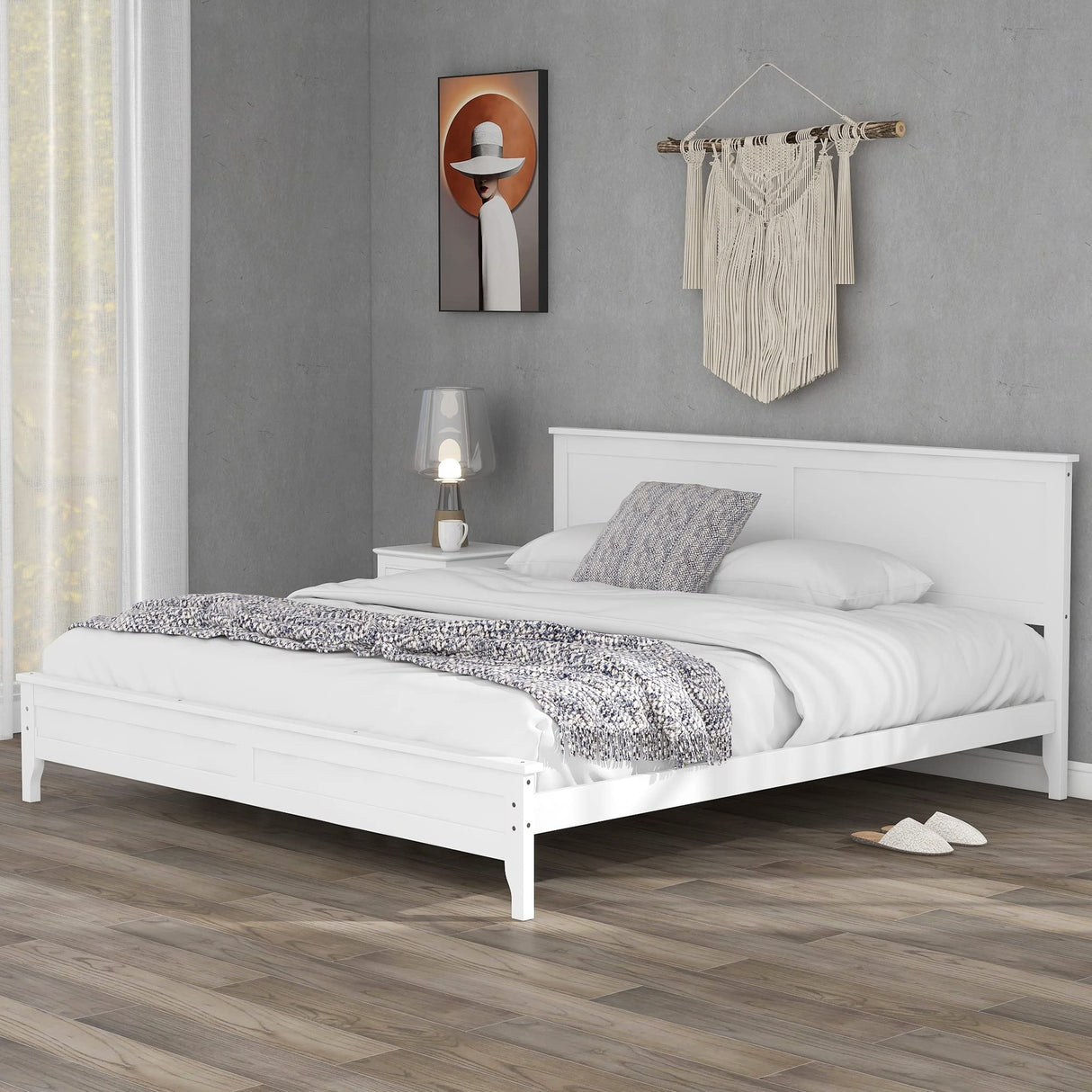 Modern Solid Wood Platform Bed White White King