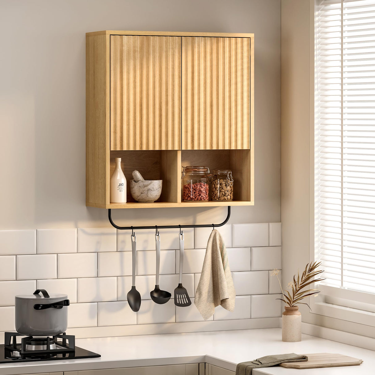 Fluted Wall Cabinets with Doors and Shelves Set of 2, Modern Medicine Cabinet Bathroom