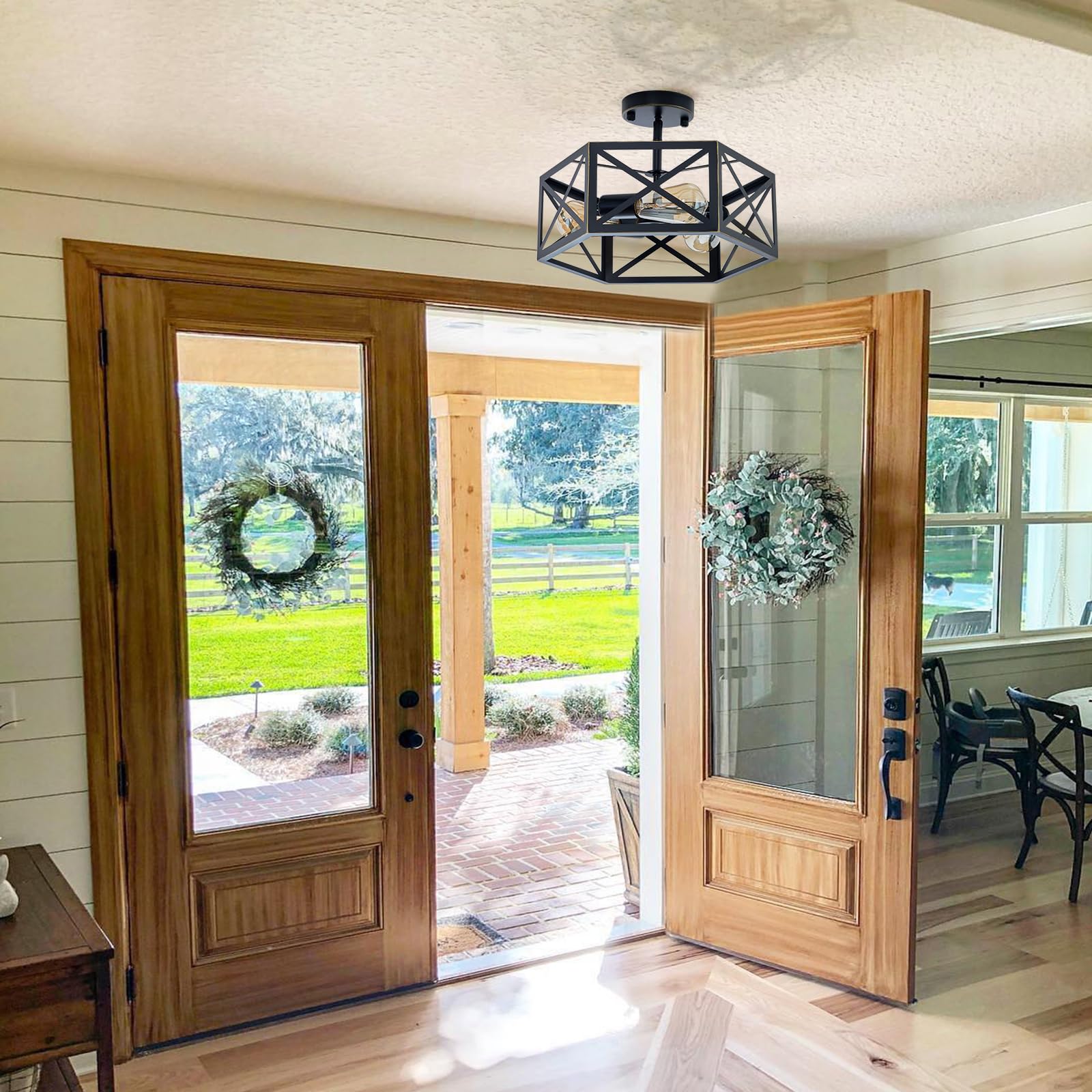 Farmhouse Semi Flush Mount Ceiling Light Fixture, 3-Light Industrial Black Close to Ceiling Lights,Chandeliers