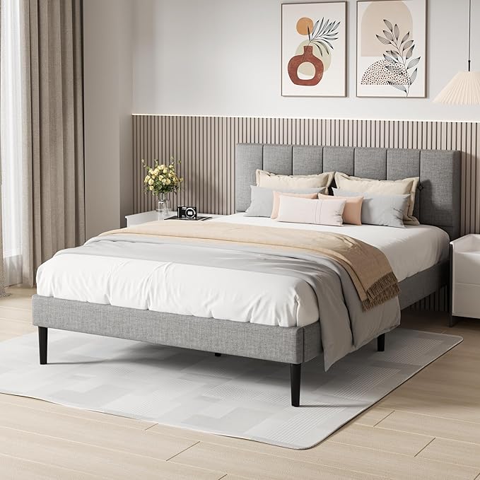 Full Bed Frame with Button Tufted Headboard, Fabric Upholstered Platform Bed Frame,