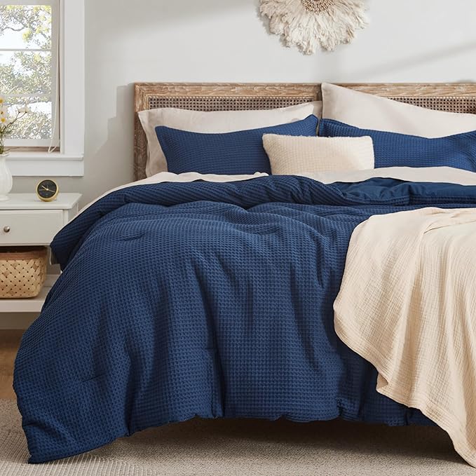 Waffle Comforter Set King, Beige Soft Cotton Bedding, Waffle Weave Bed Set
