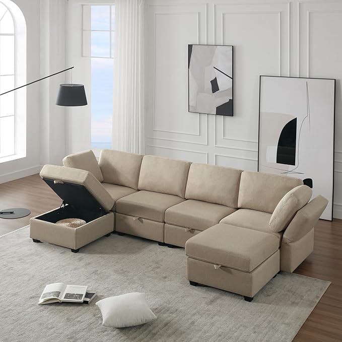 4 Seat U-Shape Linen Couch with 2 Reversible Storage Chaise