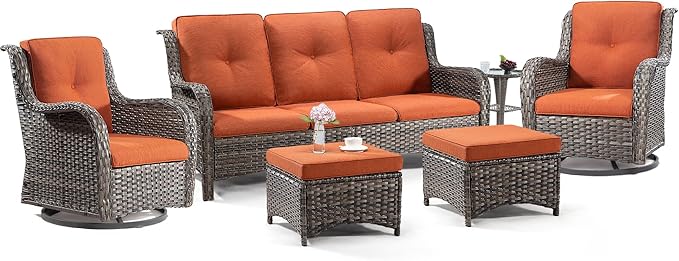 5 Piece Outdoor Patio Furniture Set Wicker Conversation Bistro Set Swivel Rocking Chairs with Side Table and Ottomans for Backyard, Porch, Deck(Mixed Grey/Orange)