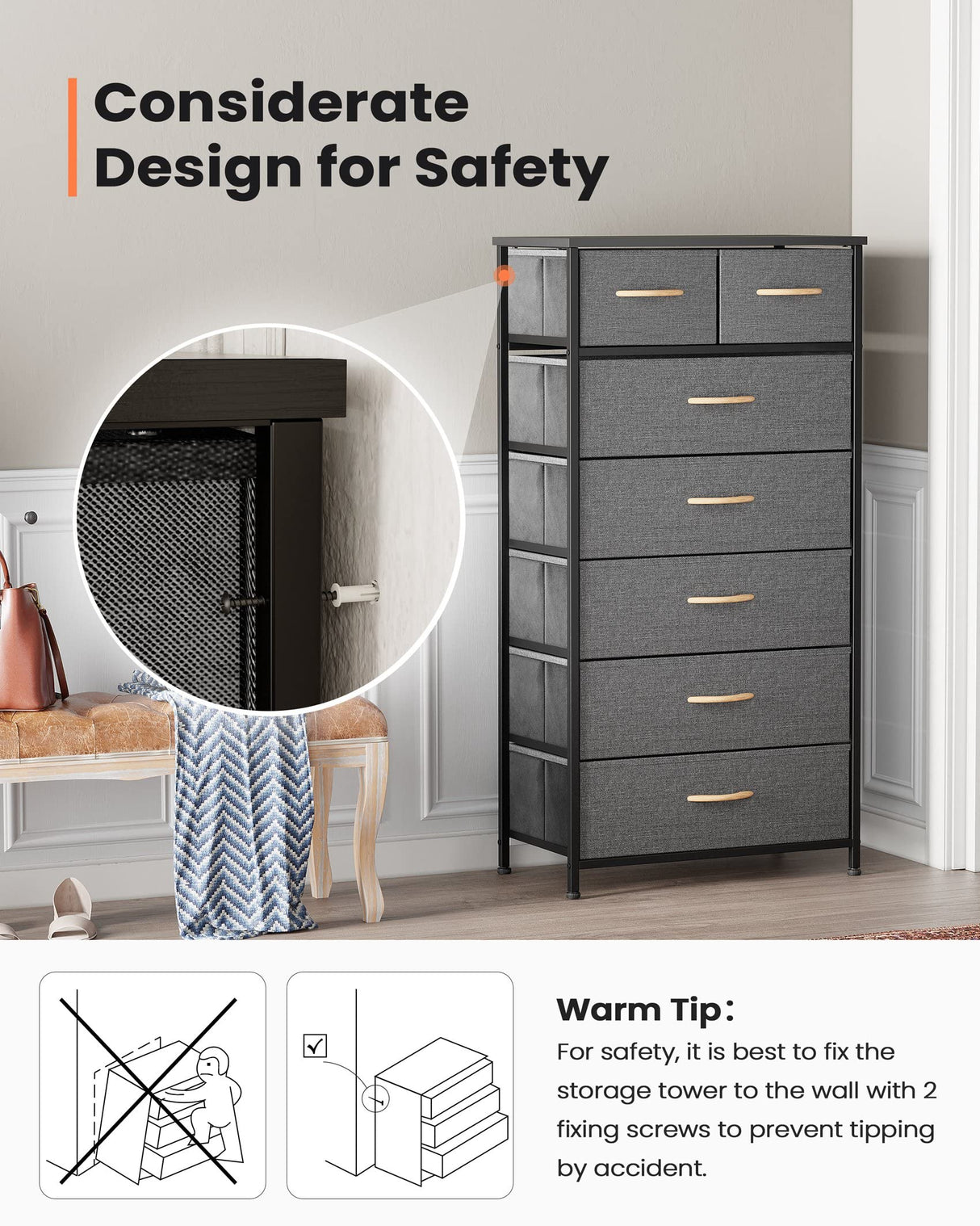 Dresser for Bedroom with 7 Drawers, Tall Dresser Vertical Storage Tower