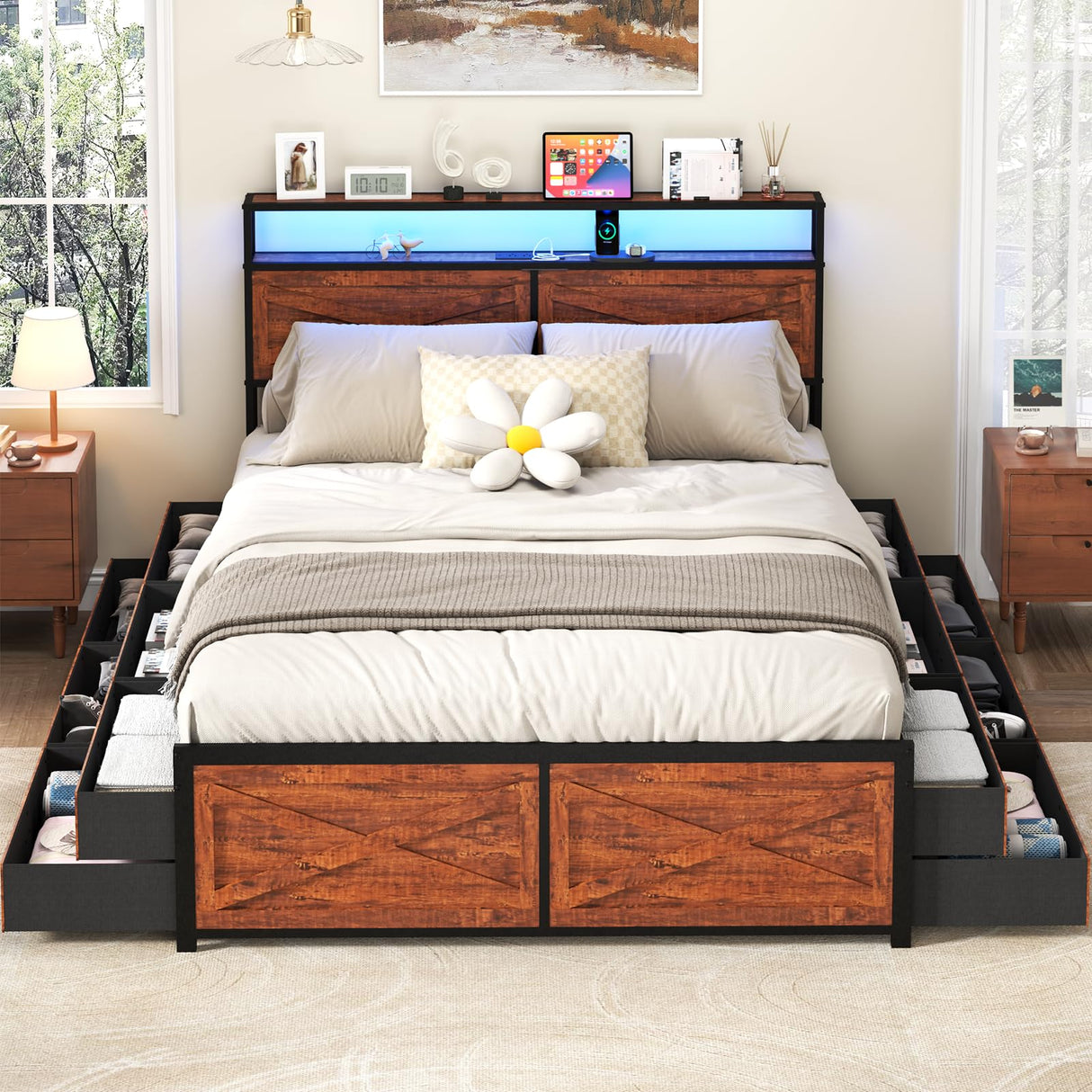 Queen Size Bed Frame with 12 Storage Drawers and LED Headboard