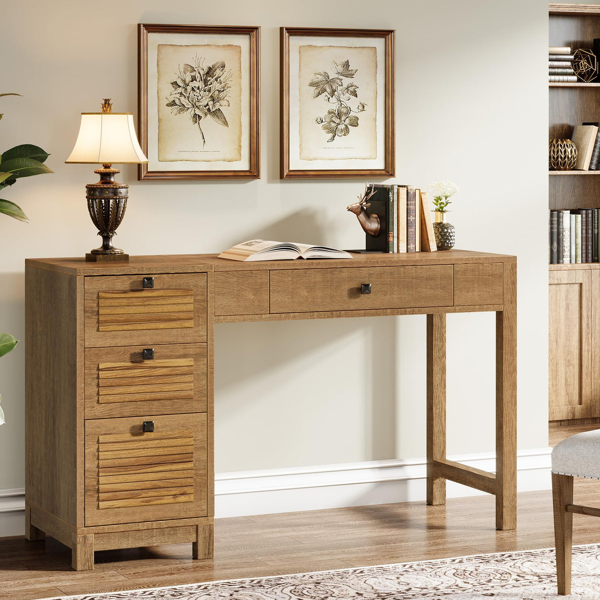 Wood Desk with 4 Drawers, Executive Desk with Storage, Home Office Desk with File