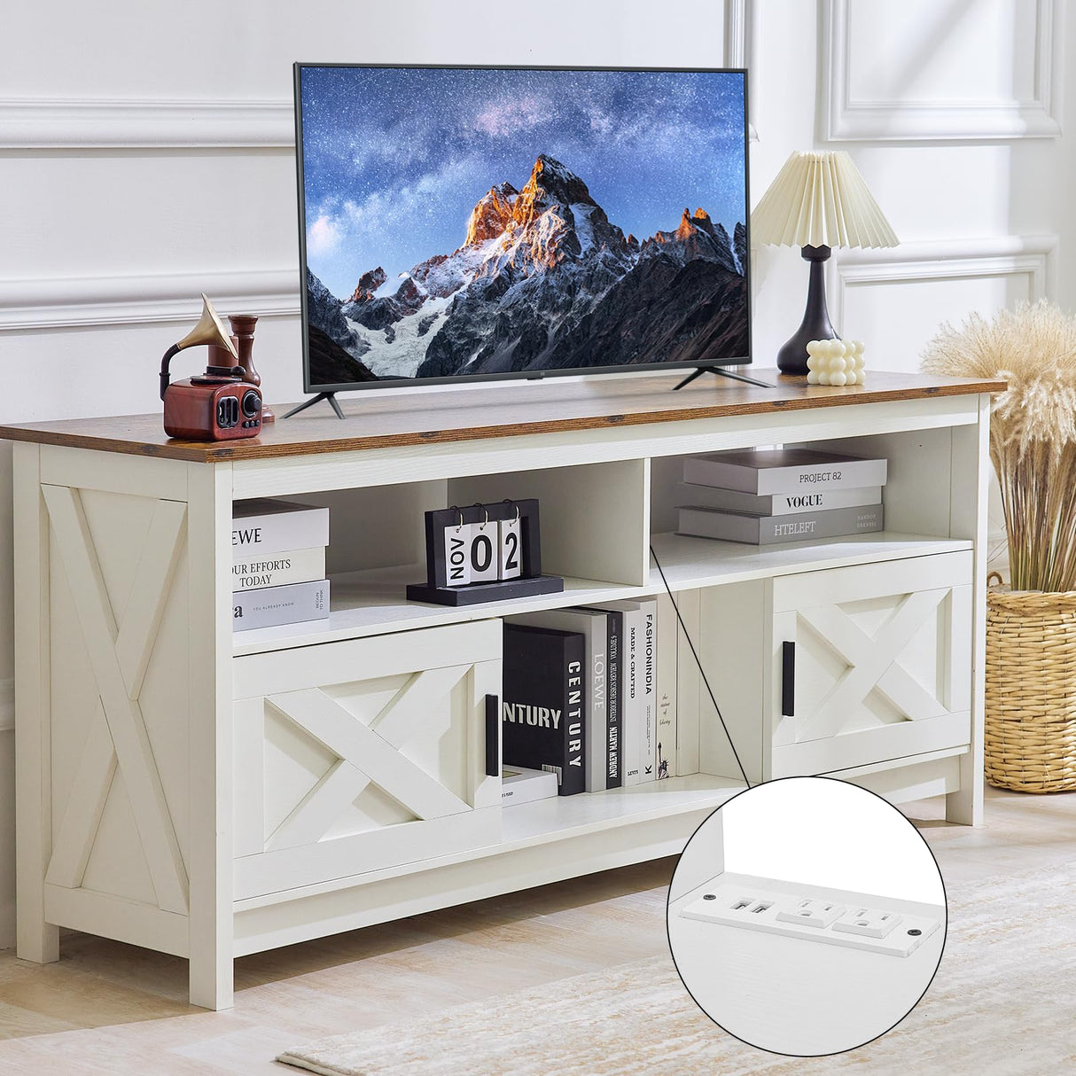 Farmhouse TV Console, Entertainment Center with Power Outlets for TVs up to 65 Inch,