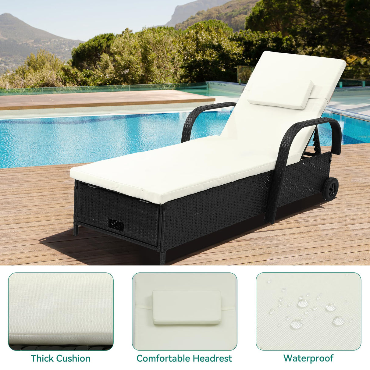 Outdoor Wicker Chaise Lounge Chair Set of 2 w/Storage, Rattan Patio Pool Lounger