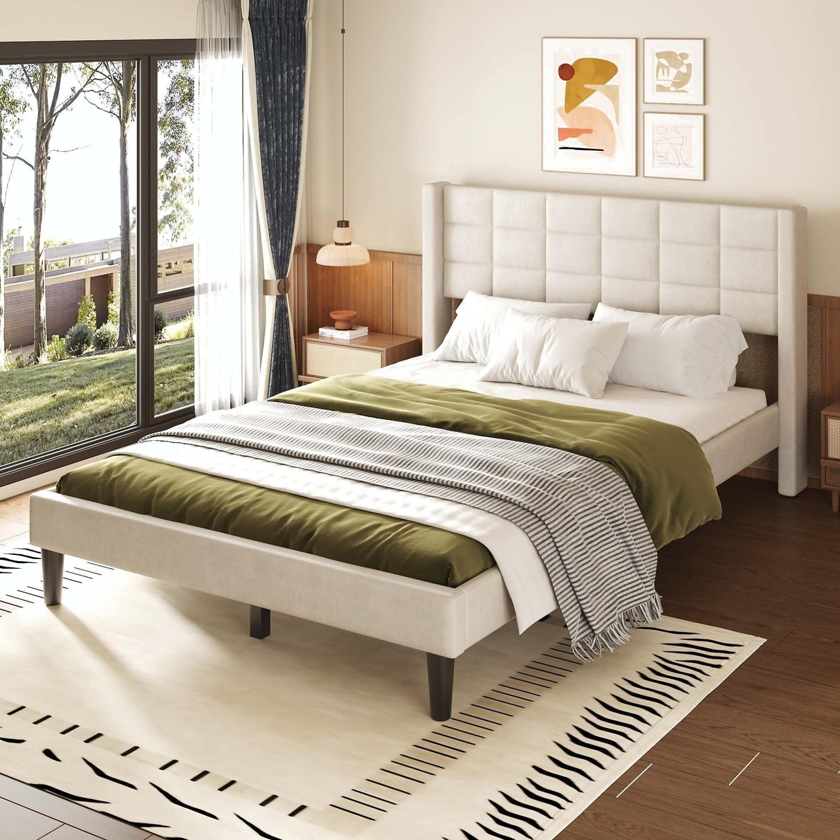 Queen Size Upholstered Platform Bed with Support Legs Beige