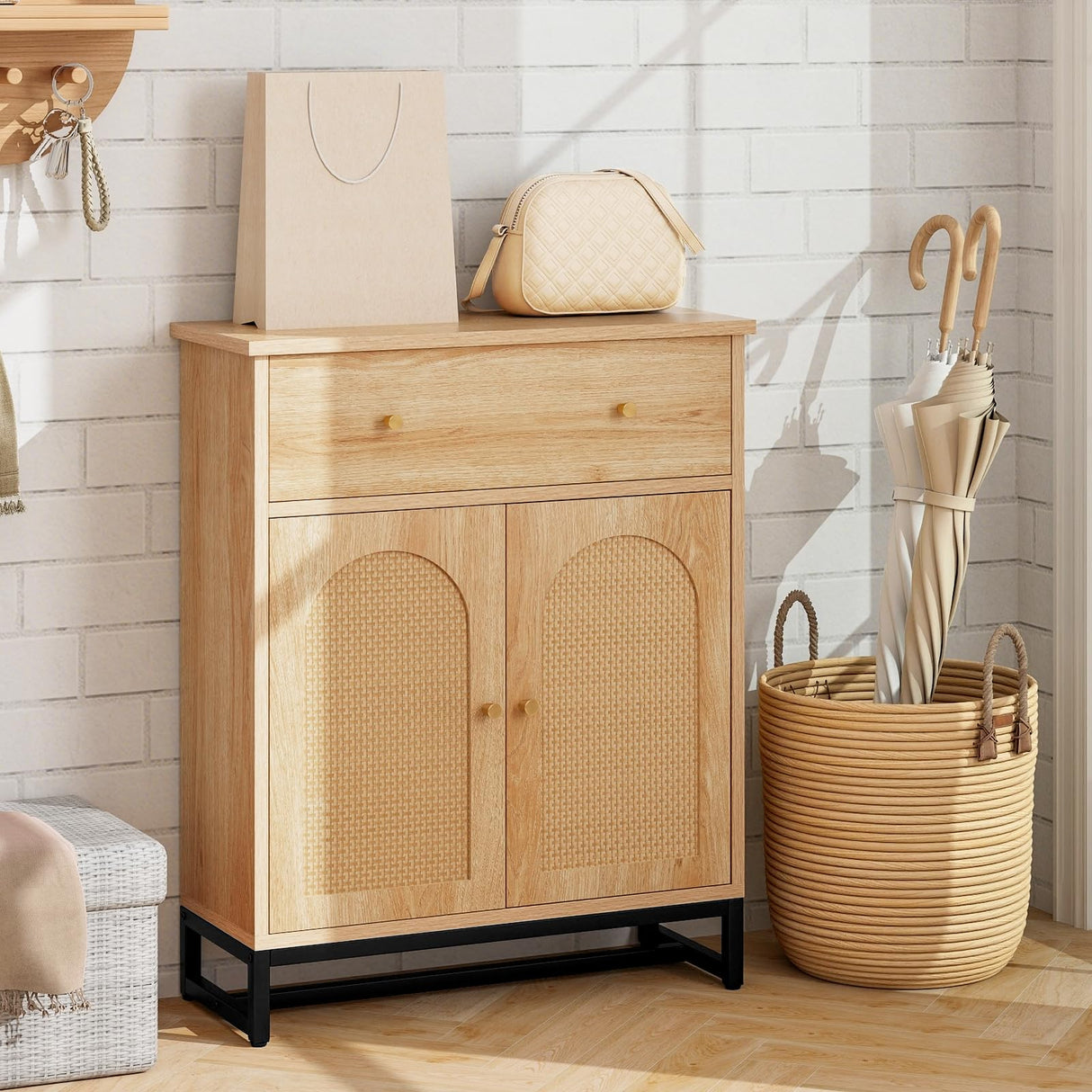 Bathroom Storage Cabinet with Rattan Doors & Drawer, Sideboard Buffet Cabinet