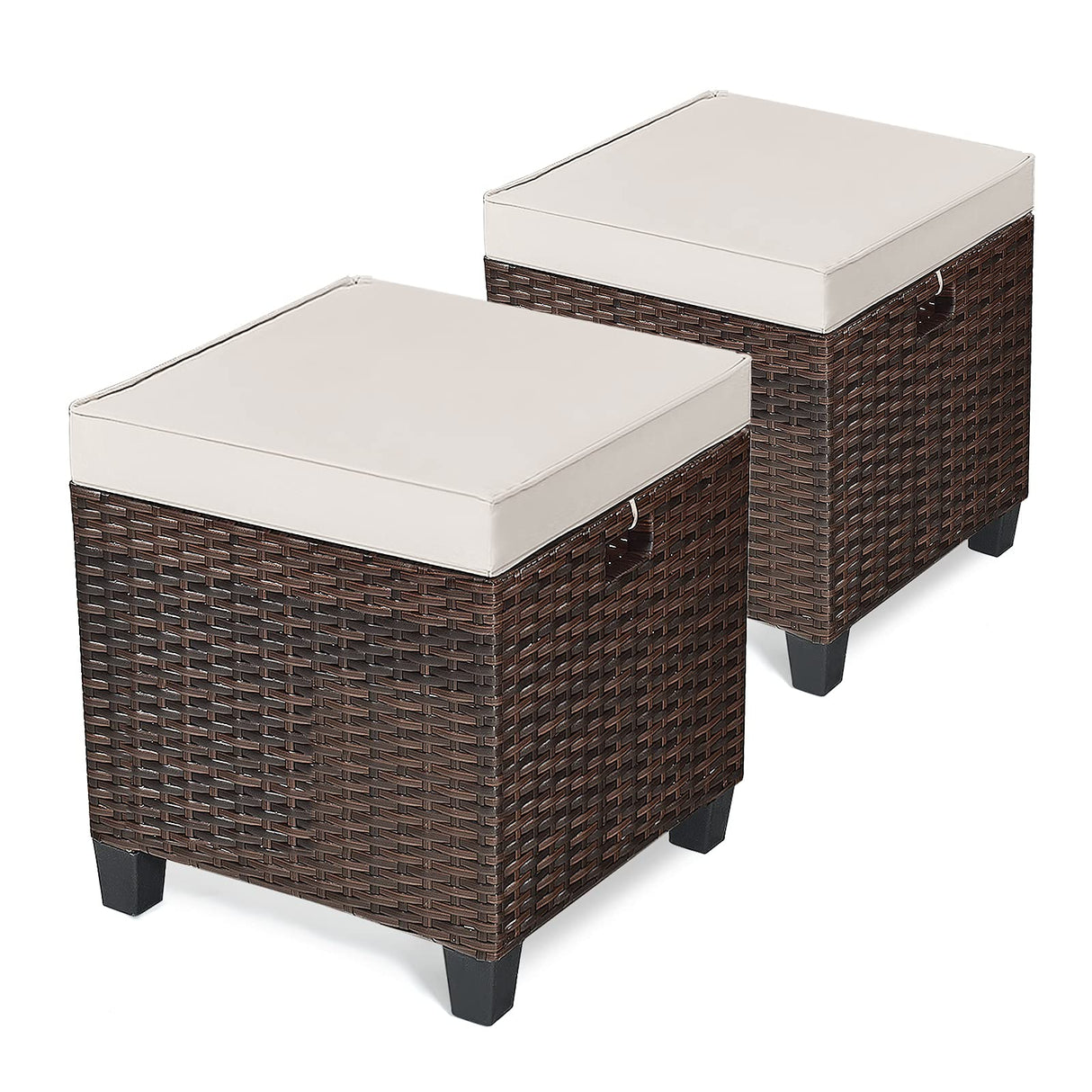 2-Piece Rattan Patio Ottoman, All Weather Wicker Ottoman w/Removable Cushion