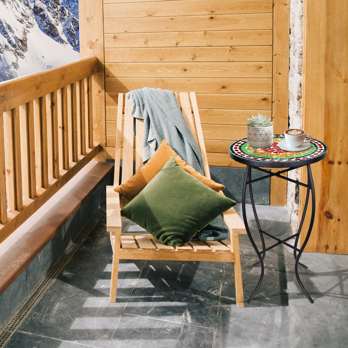 Mosaic Outdoor Side Table, 14" Round Folding Plant Stand for Patio Garden Backyard