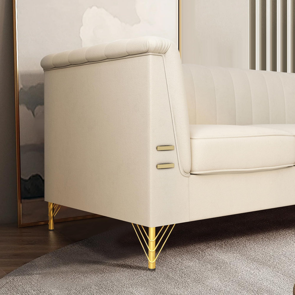 WeaArco 83 Inches 3 Seater Couch,Modern Velvet Sofa Couch with Gold Metal Legs,Mid-Century Modern Couch High Arm for Living Room,Bedroom,Office (Beige)