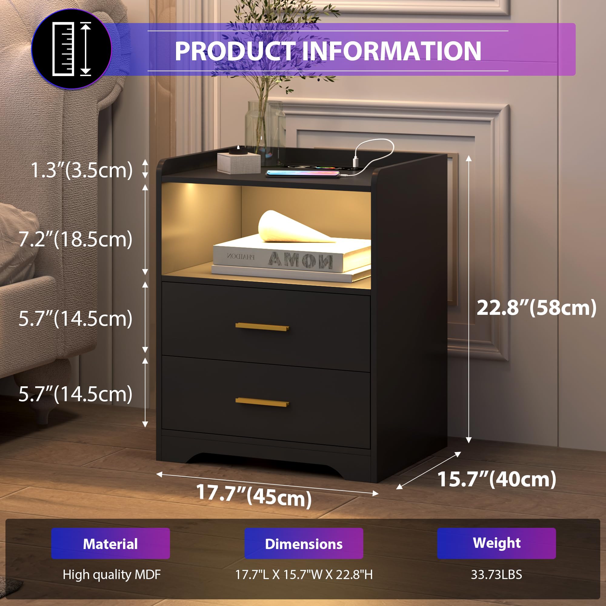 Black LED Nightstand with Charging Station, Night Stands with 24-color RGB LED Lights