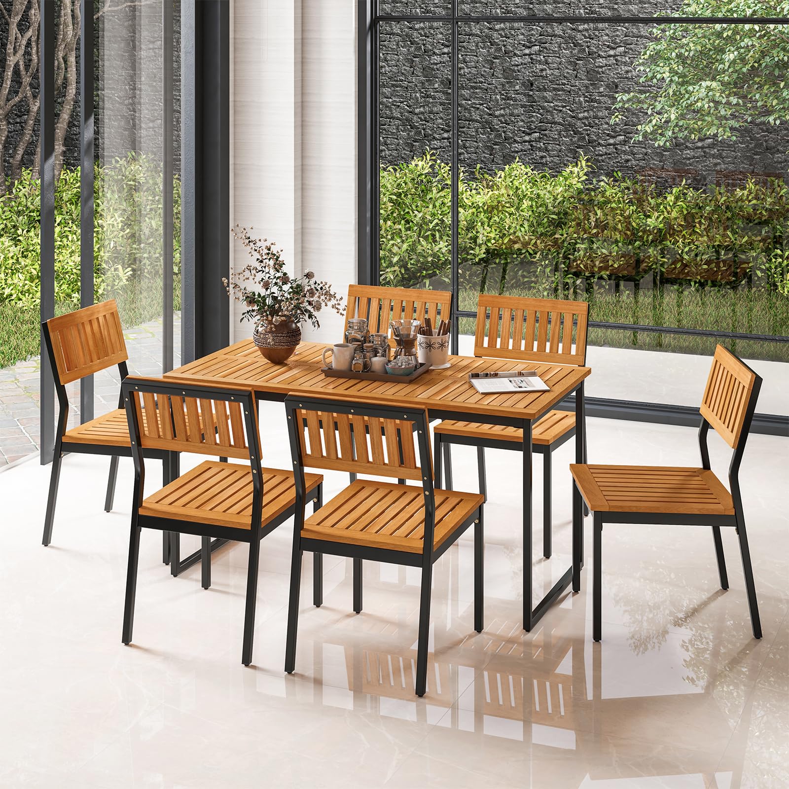 Patio Dining Chair Set of 4, Outdoor Armless Chairs w/Metal and Acacia Wood Frame
