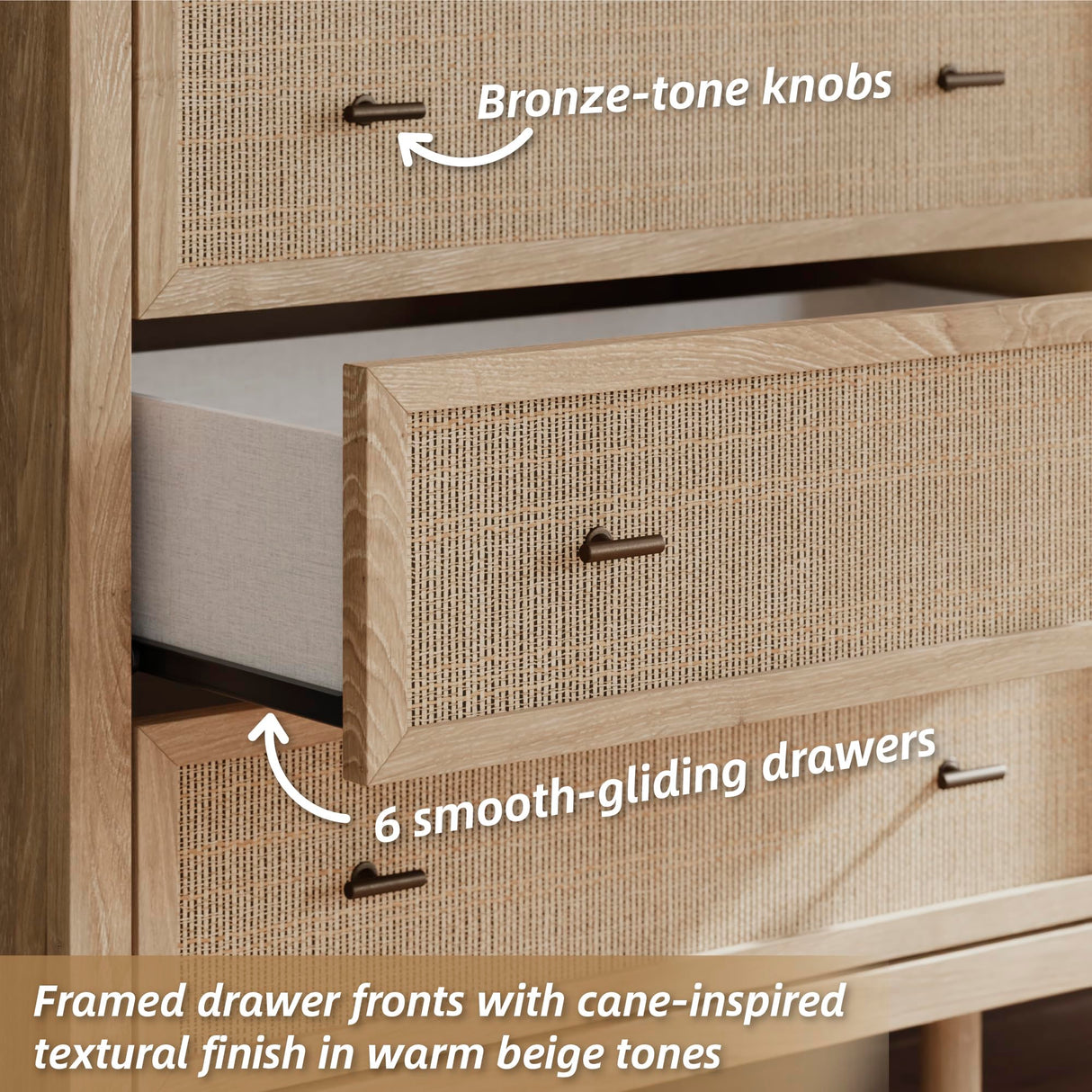 Signature Design by Ashley Cielden Coastal 6-Drawer Dresser with Safety Stop and Textured Cane Details, Light Brown