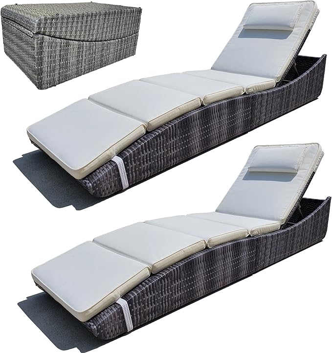 Set of 2, Foldable Outdoor Chaise Pool Lounge Chairs Folding Wicker Rattan Sun Bed Patio Couch