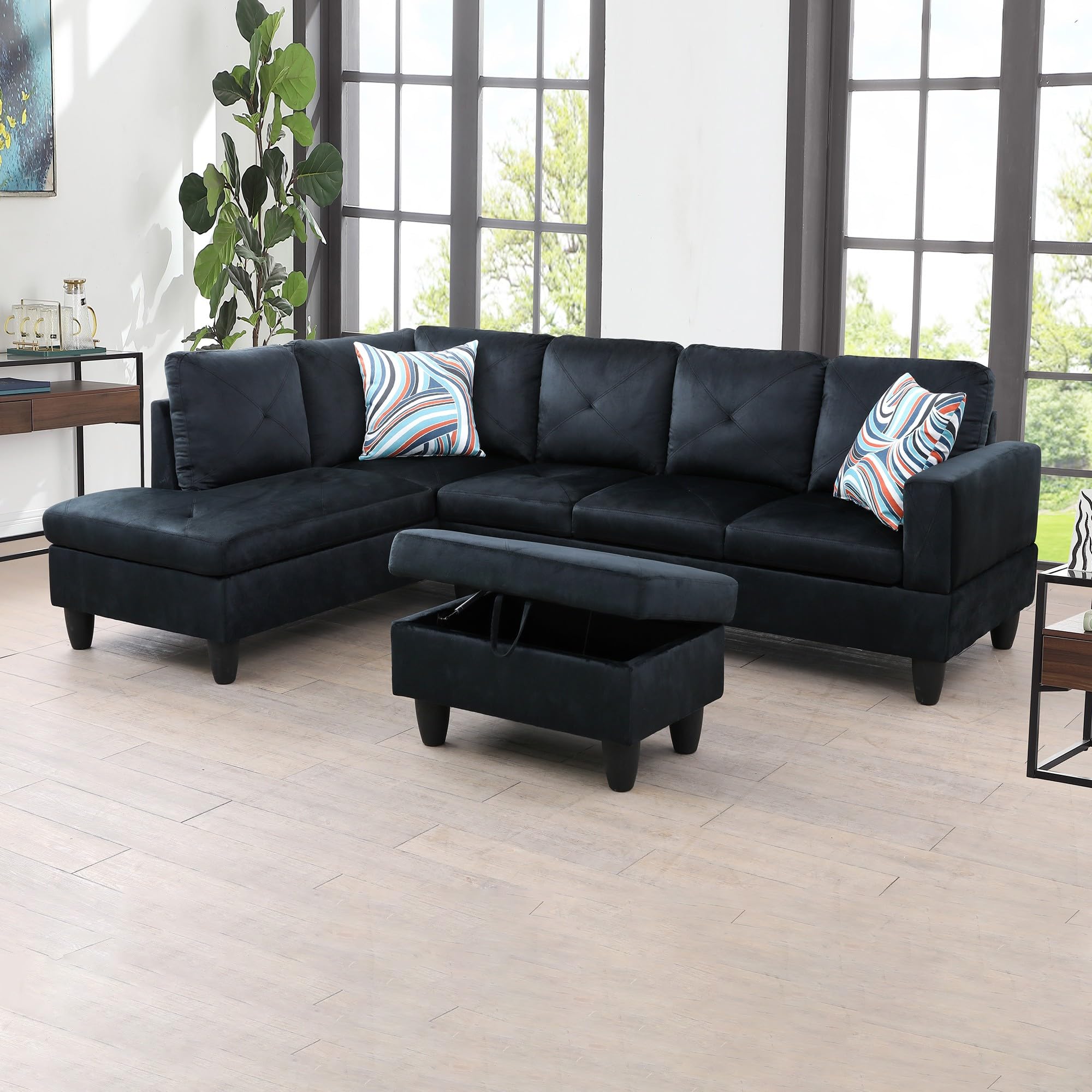 3Pc L-Shaped Sectional Sofa with Left Chaise Lounge Storage Ottoman Throw Pillows