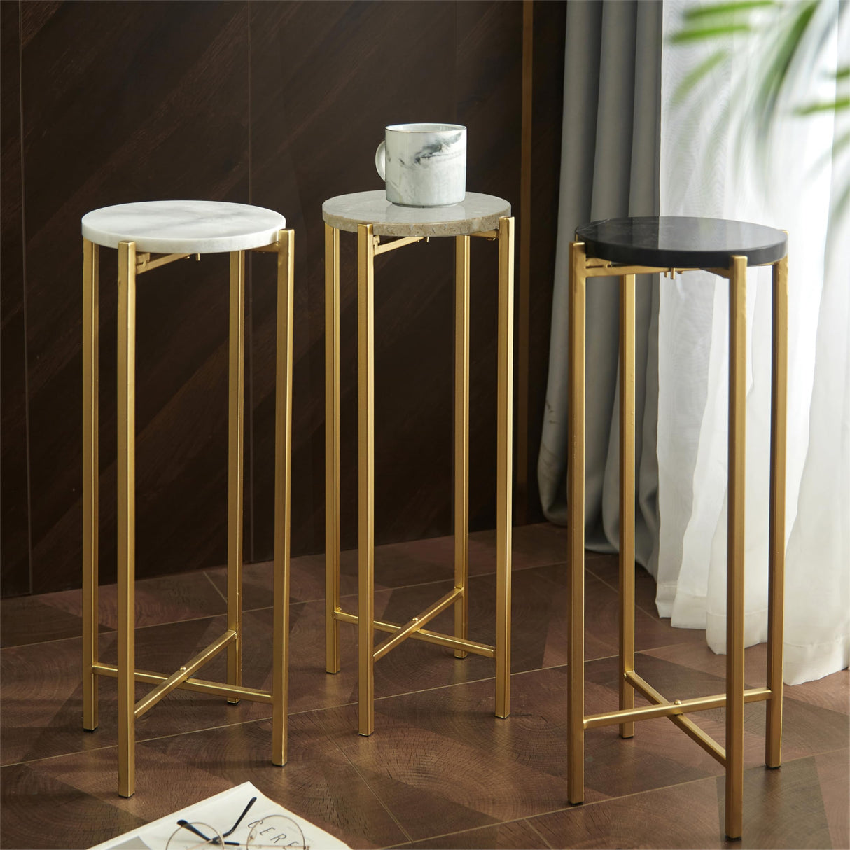 White Marble Collapsible Side Accent Drink Table with Gold Metal Legs, ‎8.5 in x 8.5 in x 22.5 in