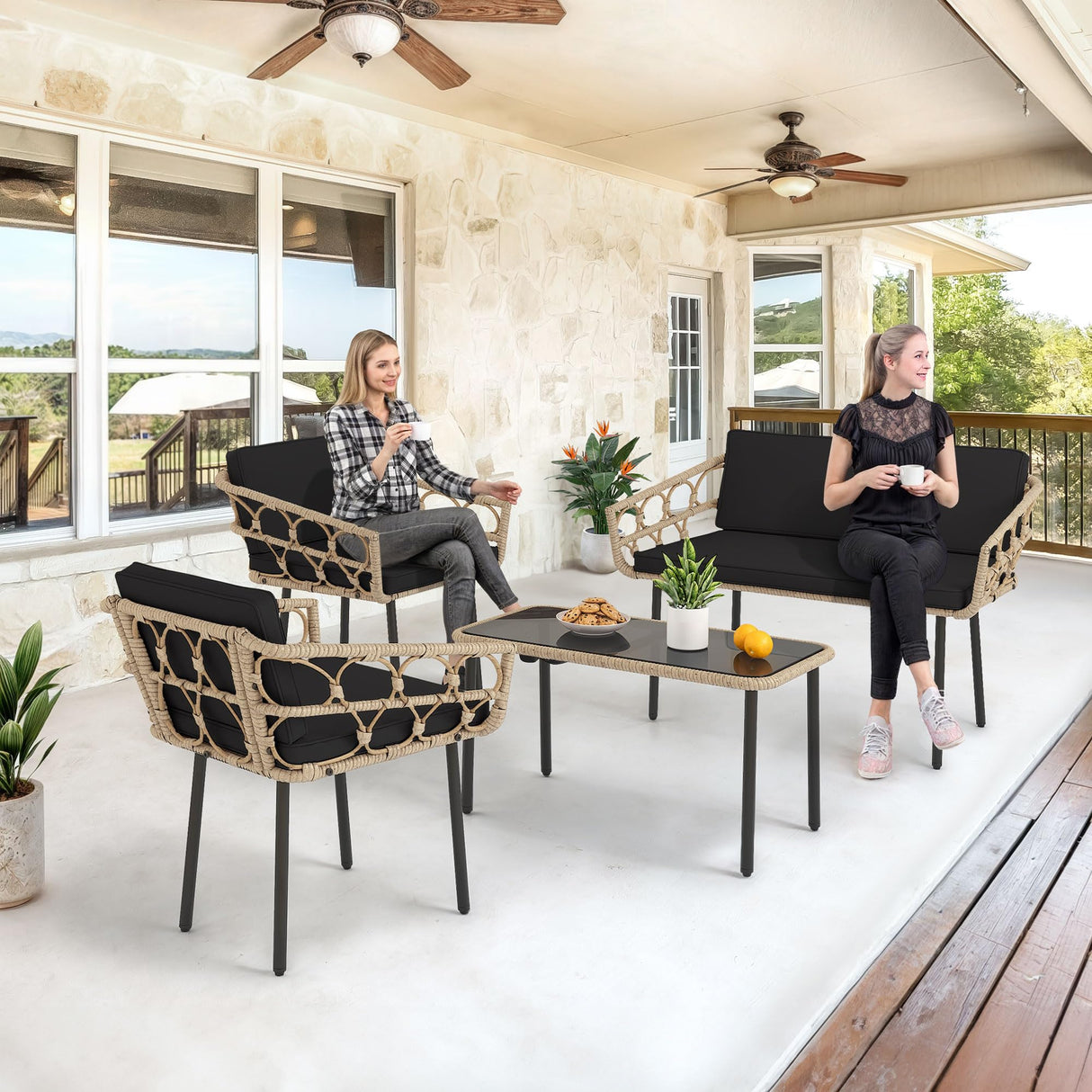 YITAHOME 4 Pieces Patio Furniture Set, Wicker Outdoor Bistro Set, All-Weather Rattan Conversation Set with Loveseat Chairs Table Cushions for Backyard, Pool, Deck, Garden – Black