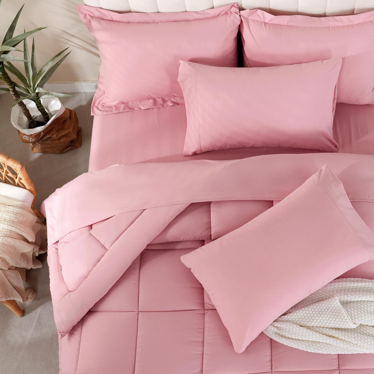 Queen Comforter Set, 7 Pieces Bedding Sets Queen Pink, All Season Down Alternative Bed in a Bag Queen