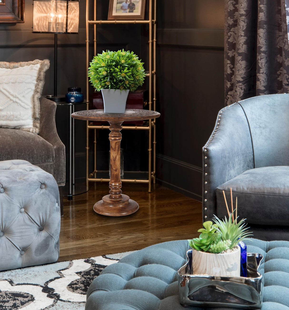 Hand-Carved Wooden Pillar Table - Small Side End Table, Elegant Entry & Living Room