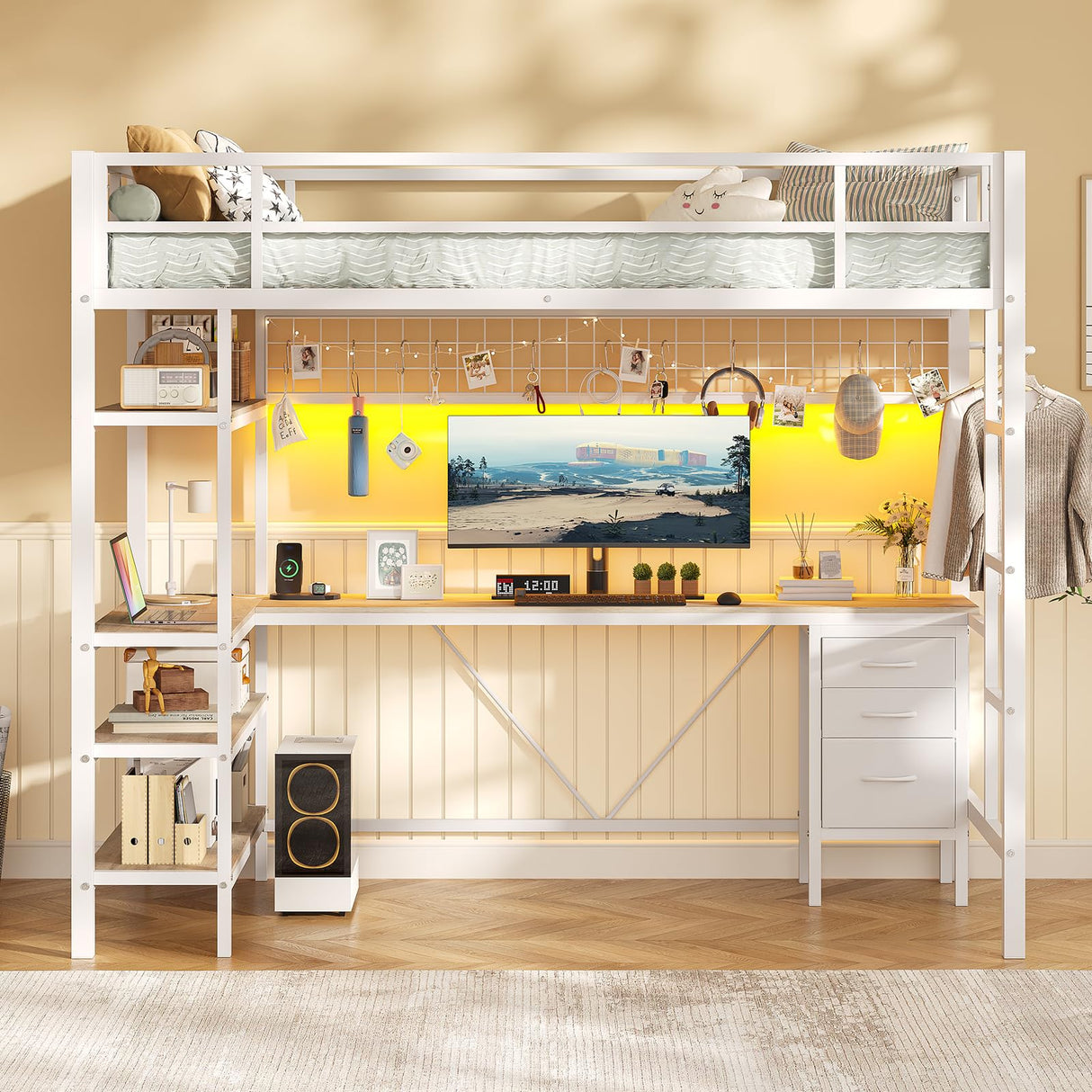 VIAGDO Loft Bed Twin Size with L-Shaped Desk, Charging Station and LED Lights, Twin Loft Bed with 4-Tier Bookshelf and 3 Drawers, Clothes Rail, Safety Guardrail&Ladder, No Box Spring Needed, White