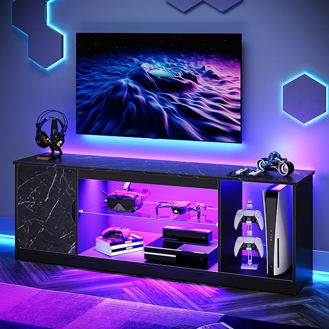 LED TV Stand for PS5,Modern Gaming Entertainment Center with Cabinet for 60/65 Inch TV