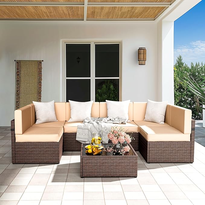 7 Piece Modular Outdoor Sectional, UV Protection Rattan Patio Sectional with Coffee Table