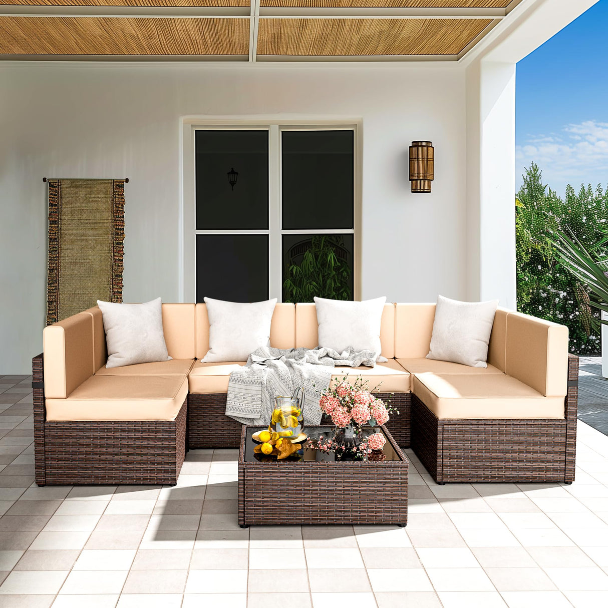 7 Piece Modular Outdoor Sectional, UV Protection Rattan Patio Sectional with Coffee Table