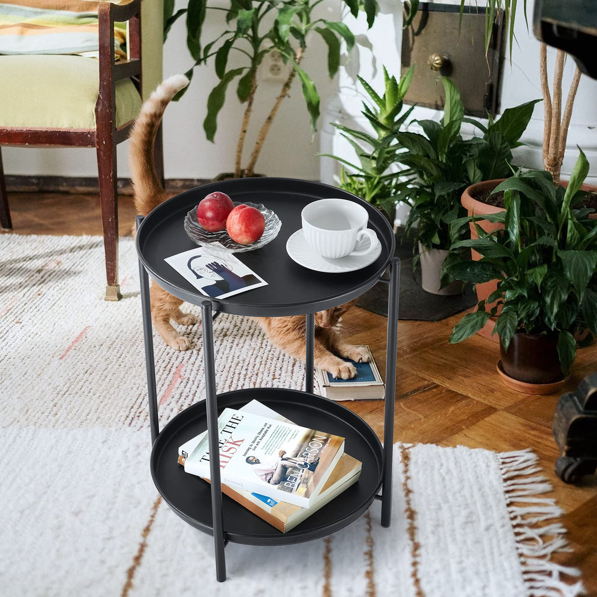 Patio Side Table 2-Tier, Outdoor Side Table Waterproof Round Metal Steel Side Table