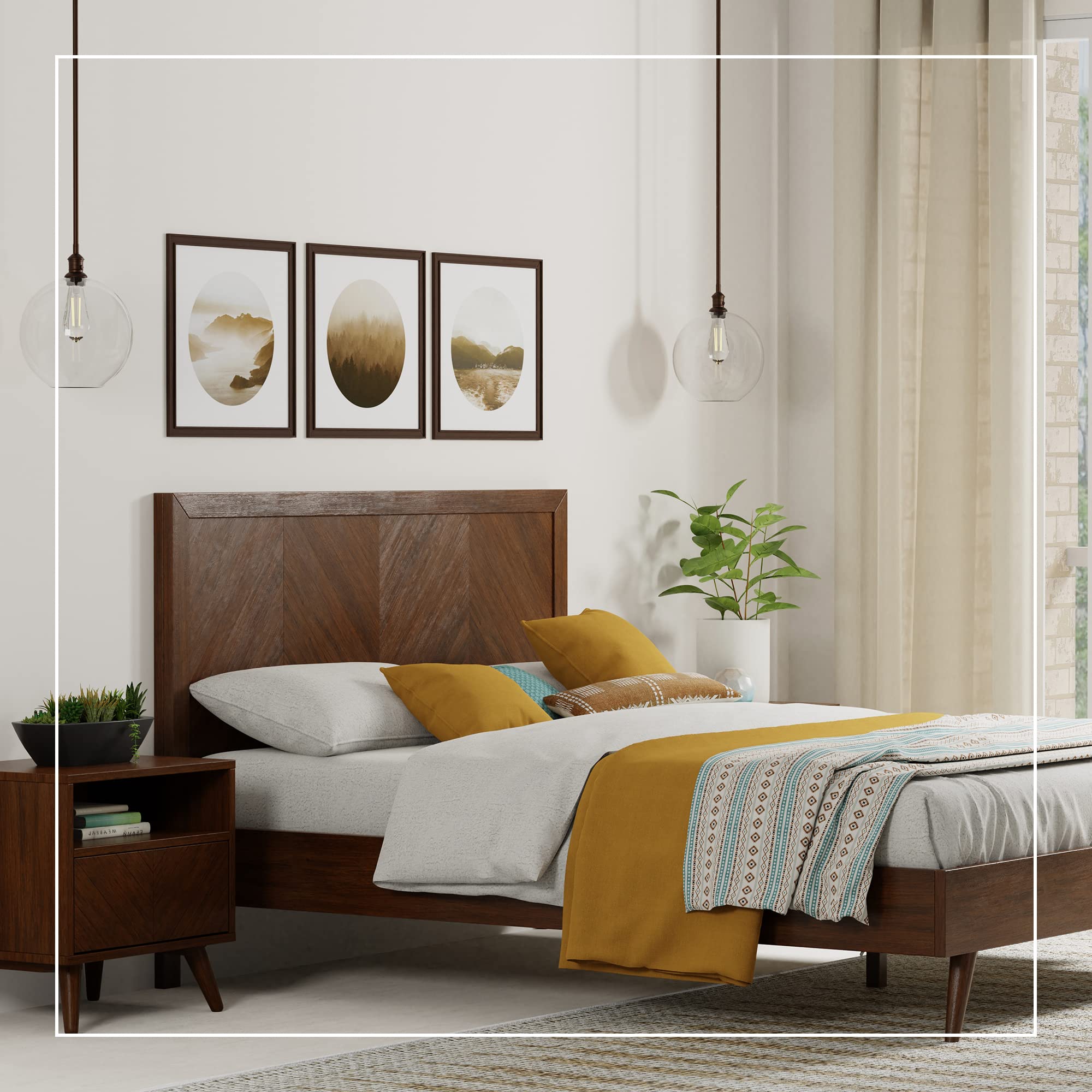 eLuxurySupply Mahogany Wood Platform Bed Frame - with Headboard - Queen, Walnut