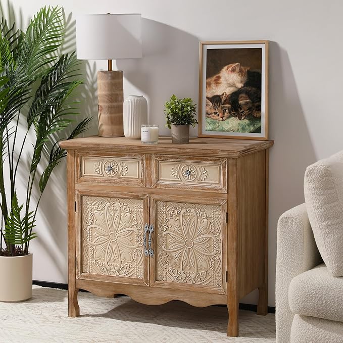 Rustic Wood Sideboard Cabinet with 2 Drawers & Carved Doors - Storage Console
