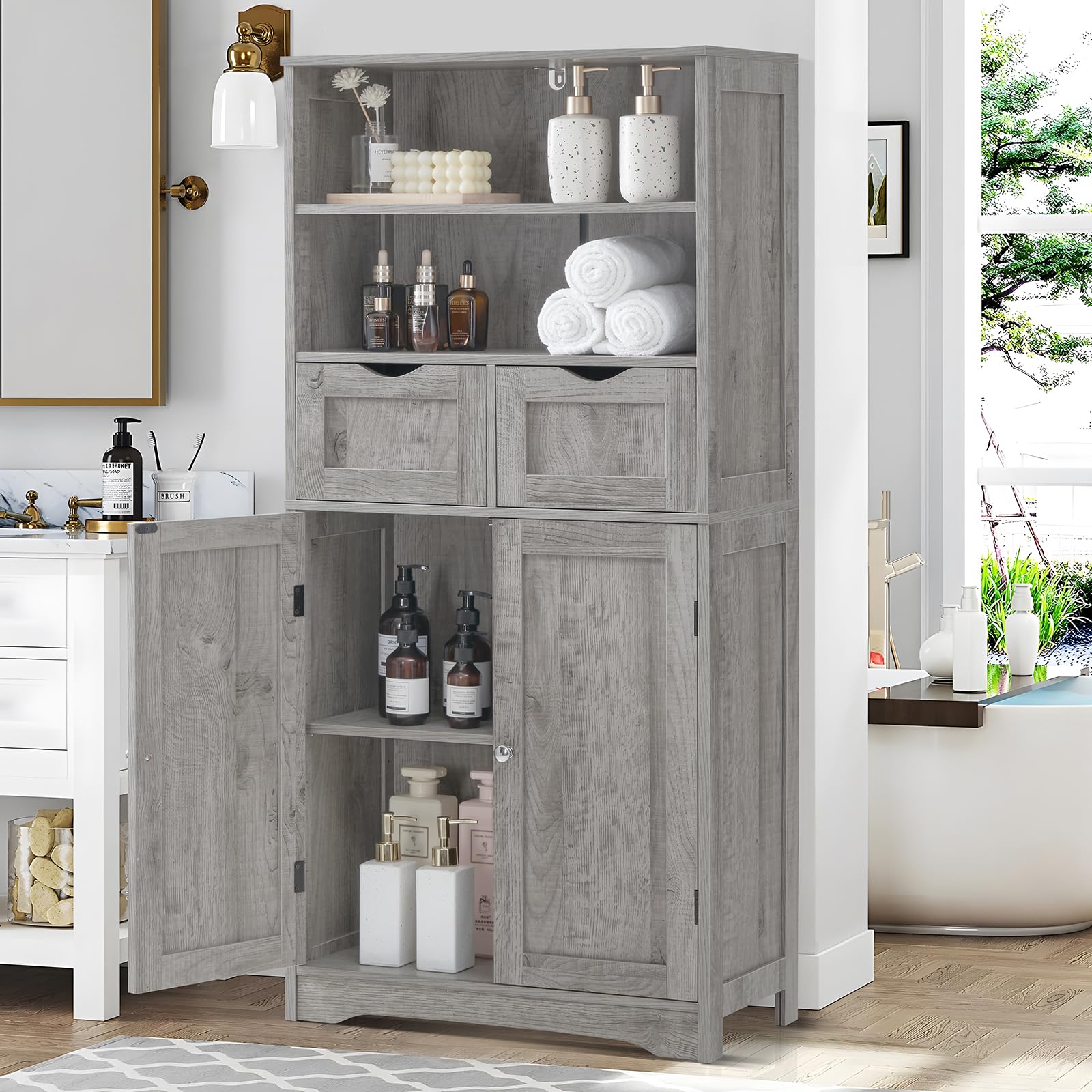 Cabinet with 2 Drawers & Adjustable Shelves, Bathroom Cabinet with Doors, Kitchen Pantry Cabinet
