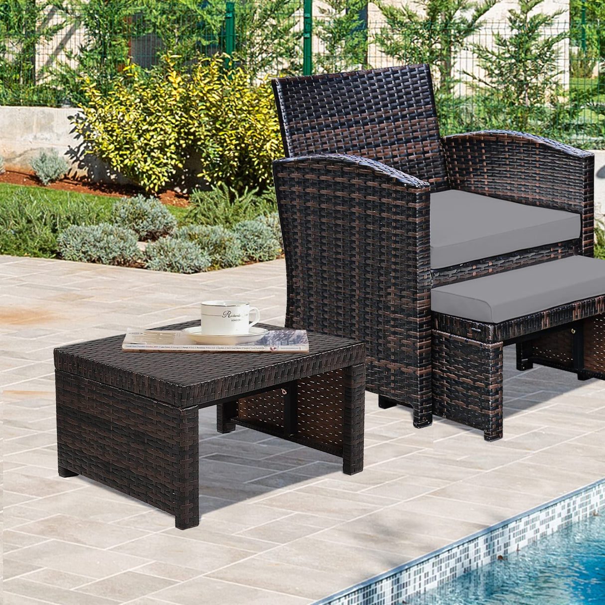 HAPPYGRILL 2 Piece Outdoor Wicker Ottomans, Patio Rattan Footstool with Cushions, Solid Steel Frame, Multifunctional Ottomans for Poolside Backyard Balcony