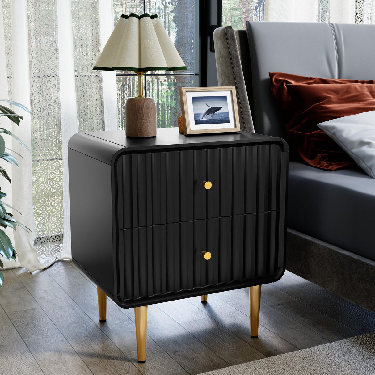 Modern Nightstand Set of 2, Fluted Bed Side Table with 2 Drawers Storage