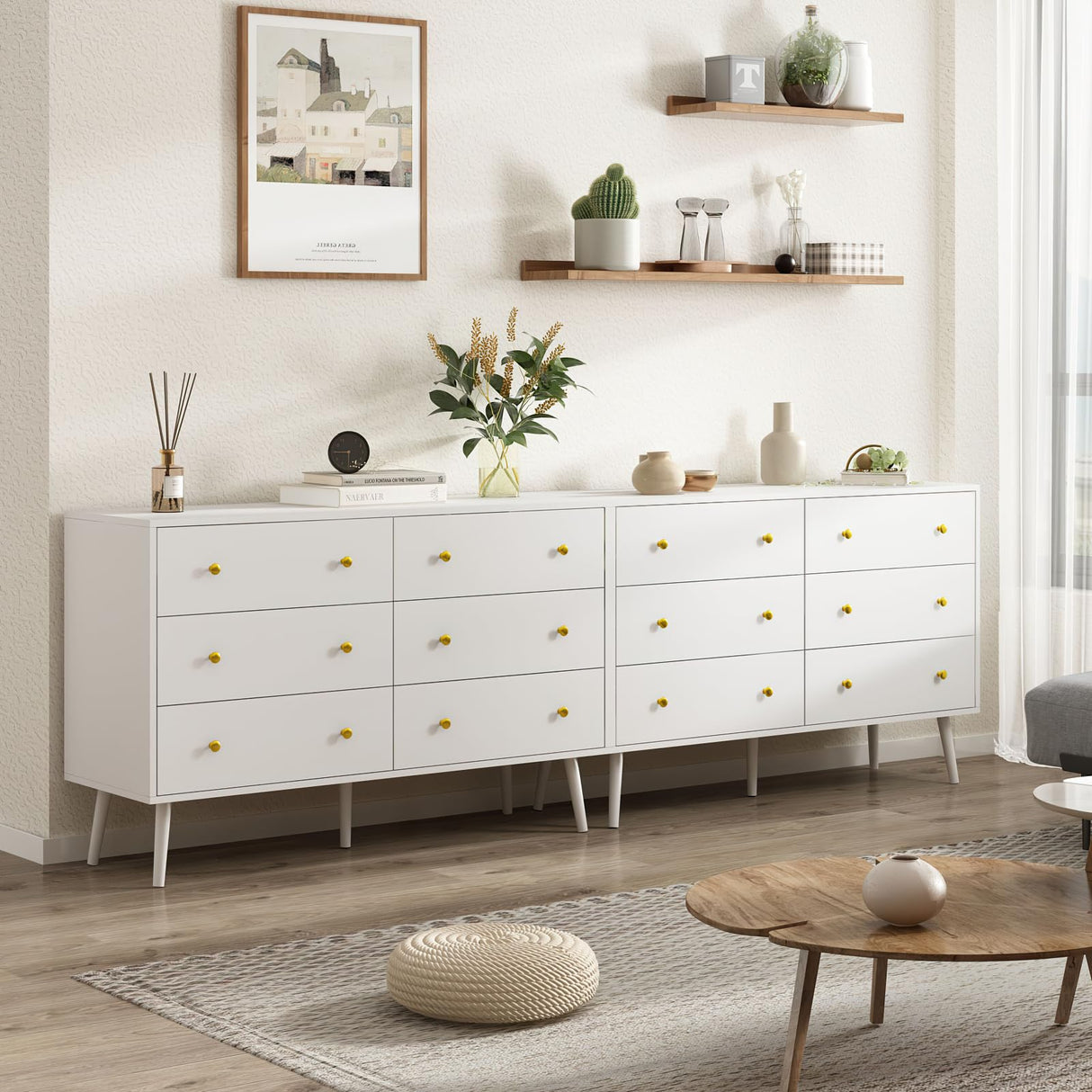 White Dresser for Bedroom, Double Wood Dresser with Gold Handles