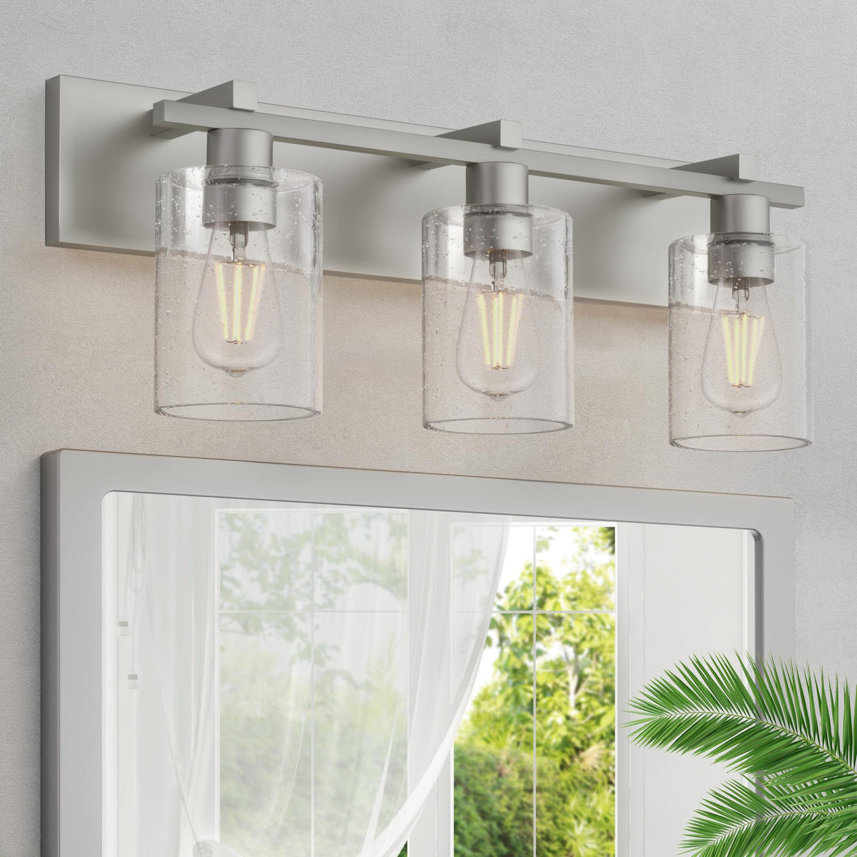 Bathroom Vanity Light, 3 Light Brushed Nickel Bathroom Light Fixture with Thickened Seeded Glass