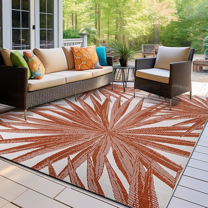 Tropical Leaves Nature Inspired Indoor/Outdoor Area Rug 5' x 7' Black