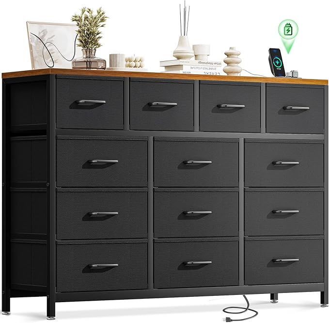 Bedroom with Charging Station, 57" Long Dresser with 13 Storage Drawers, Large