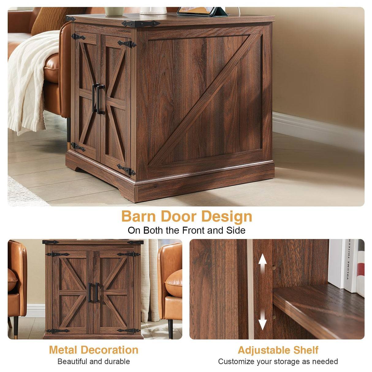 Barnyatoh Farmhouse End Table with Charging Station,24" Large Sofa Side Table with Barn Door, Rustic Wood Square Nightstand Bedside Table with Adjustable Storage Shelf for Living Room, Bedroom,Walnut