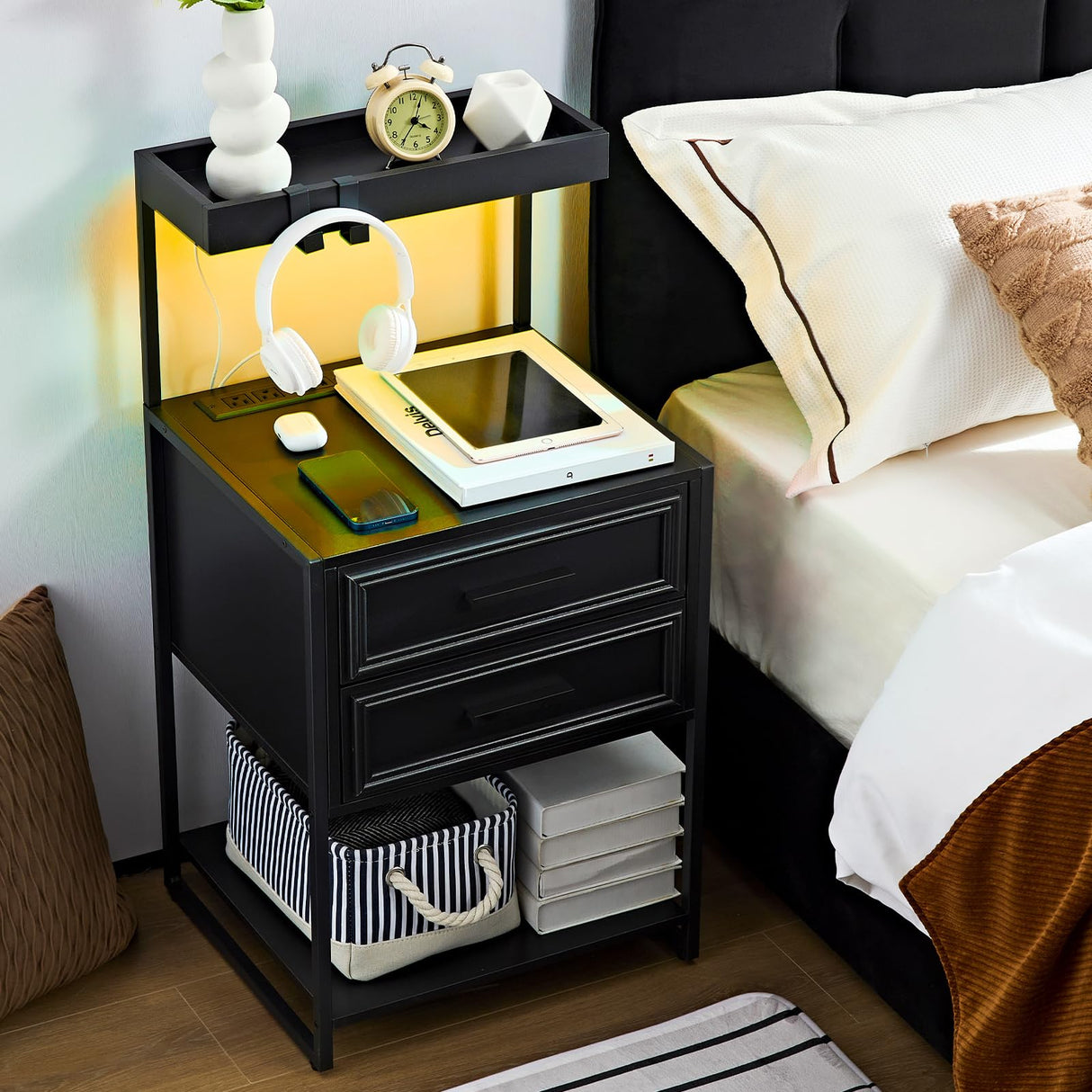 Nightstand with Charging Station, Black Night Stand with Drawers, End Tables Bedroom