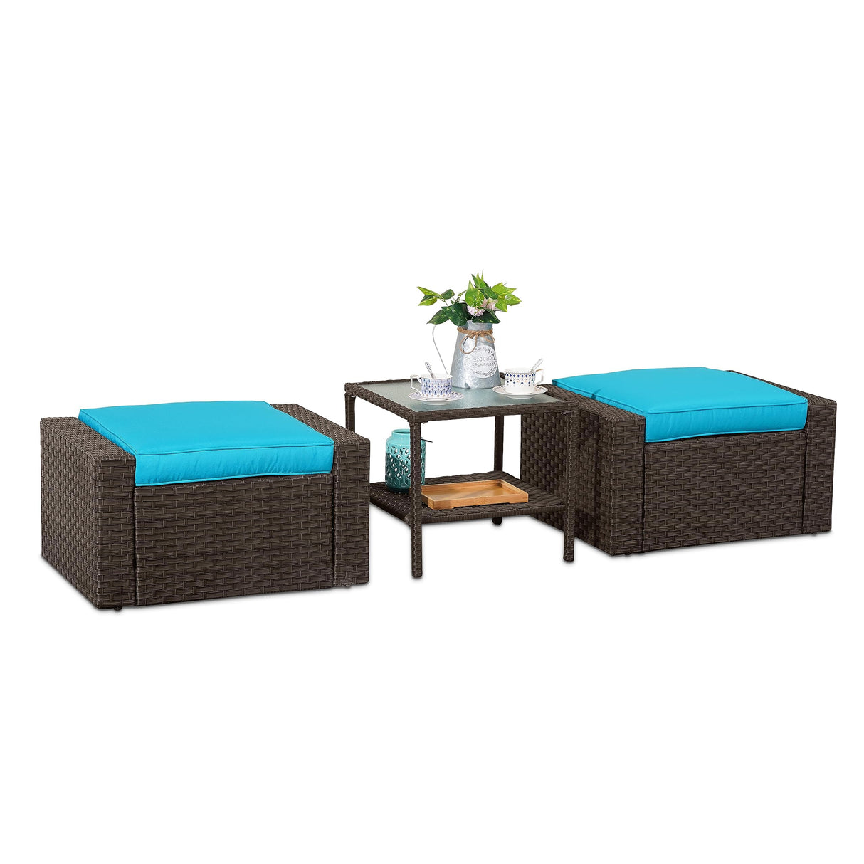 All Weather Outdoor Ottoman Set of 2 with Glass Coffee Table