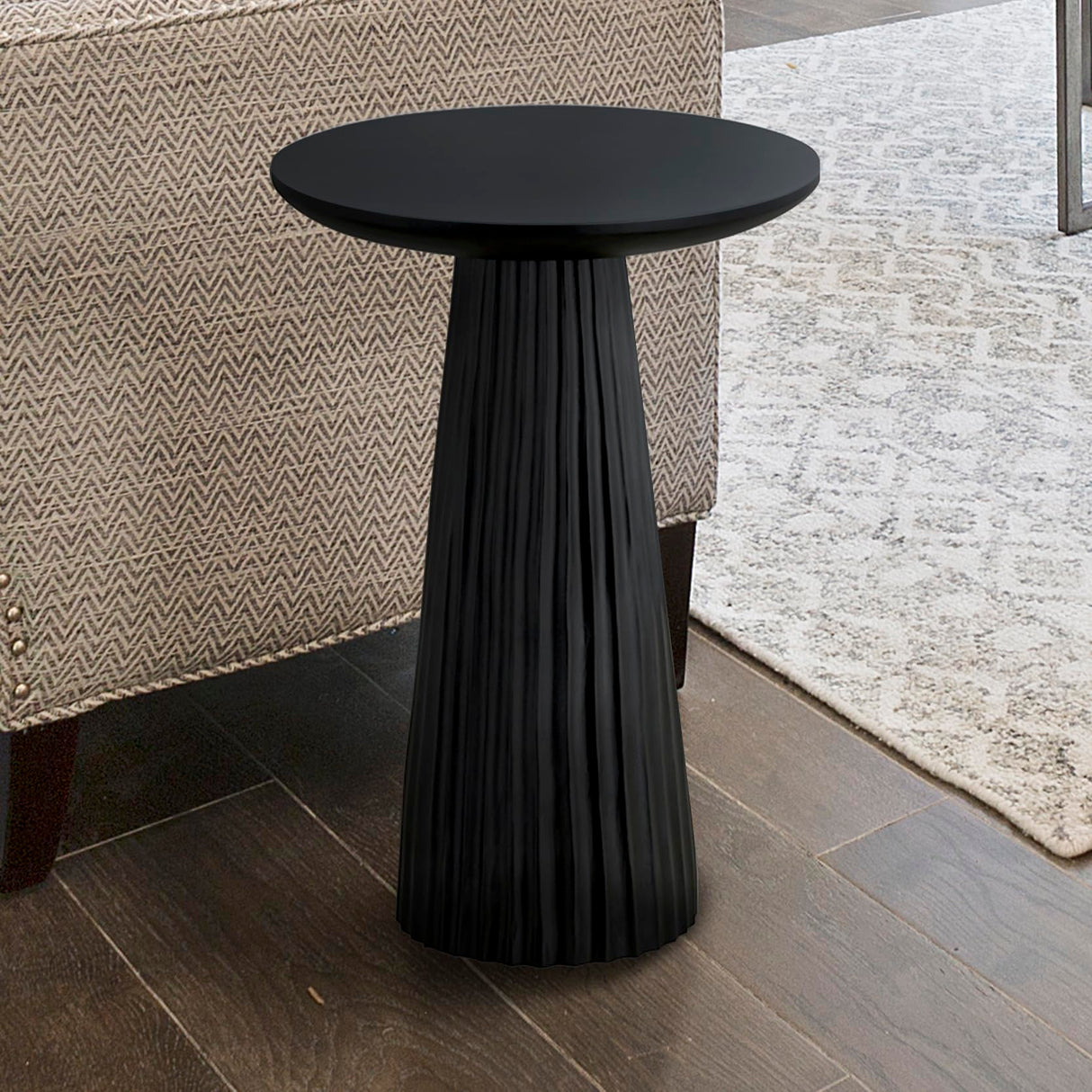 Jai Black Wood Side Table – 15.25” Round End Table – Modern Ribbed Accent