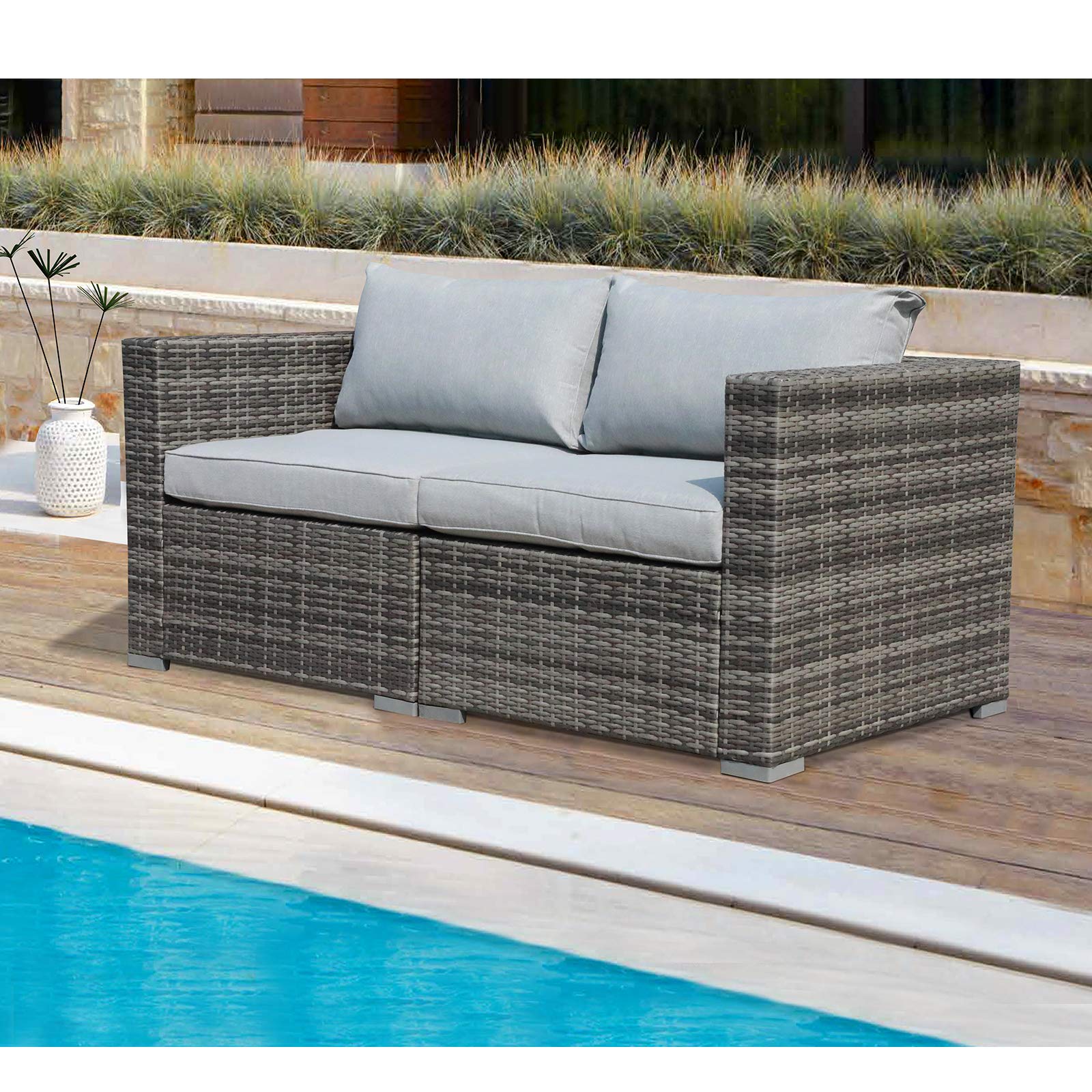 Outdoor Wicker Loveseat 2 Pieces, All Weather Grey PE Rattan Sectional Corner Sofa Set