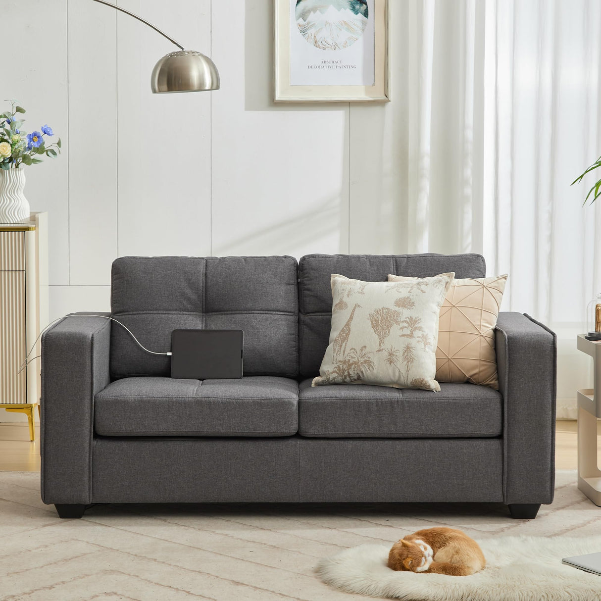 65" W Morden Linen Fabric Sofa Couch w/ 2 USB Charging Ports and Wide Arms