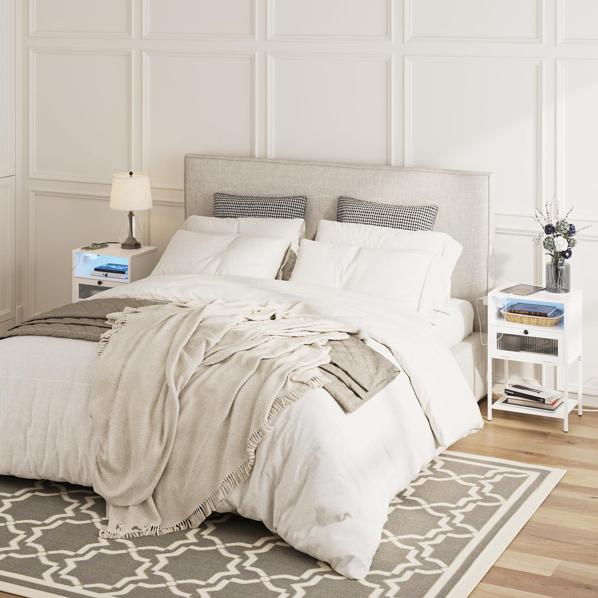 Nightstand with Charging Station and LED Lights, Bedside Table with Storage, Modern