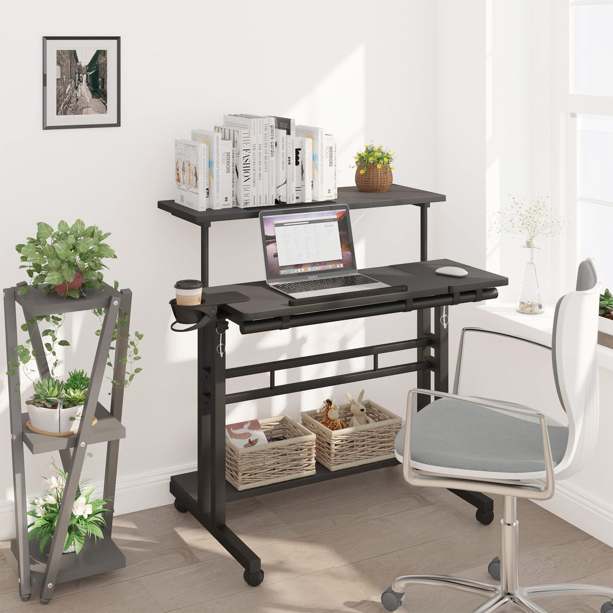 Mobile Standing Desk, Adjustable Rolling Computer Desk with 3 Desktops