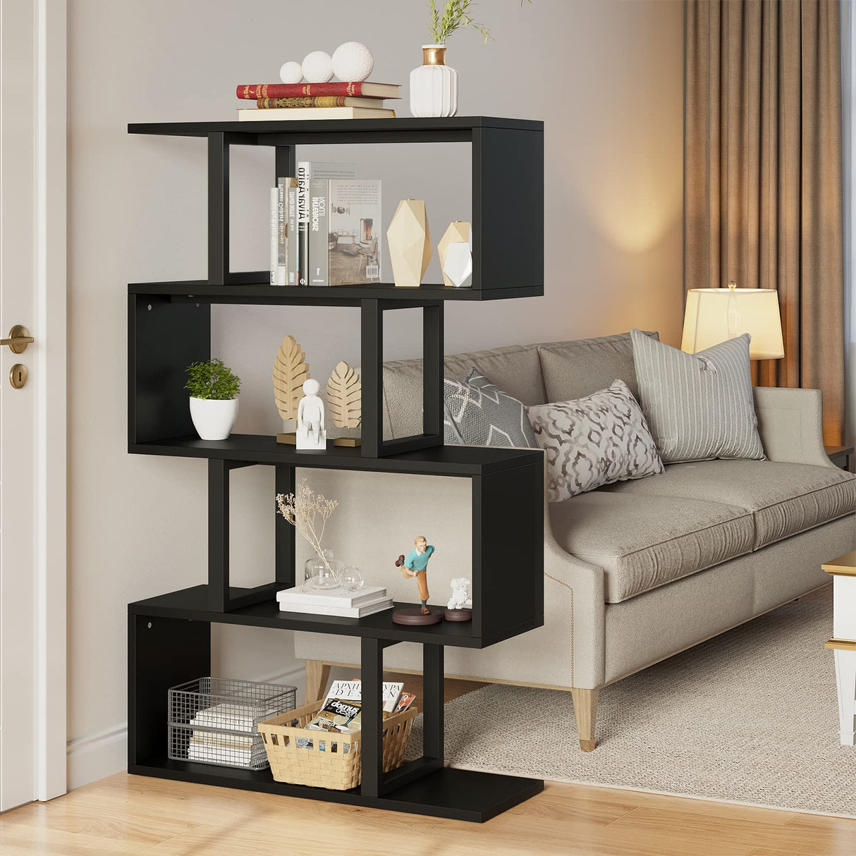 5-Tier Bookshelf, S-Shaped Z-Shelf Bookshelves and Bookcase, Modern Freestanding Multifunctional Decorative Storage Shelving for Living Room Home Office, Black